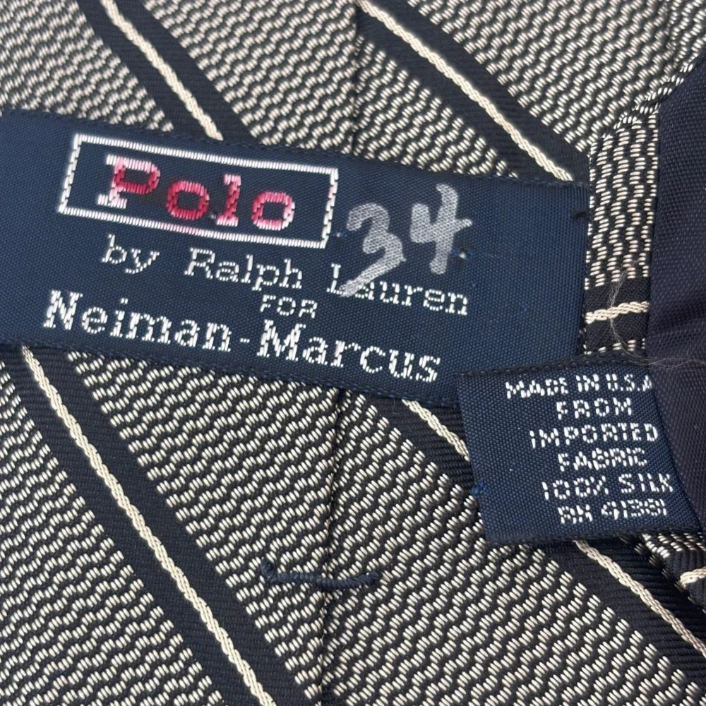 Polo Ralph Lauren Tie Mens OS Navy Blue Striped Silk Neiman Marcus USA Handmade